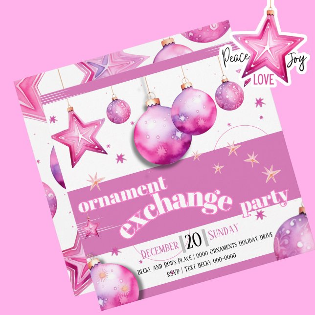 Cartão De Festividades Ornamentos Rosa com Festa de Balas e Estrelas (Holiday pink ornament exchange party invitations.  Bold and bright for your Christmas party. )