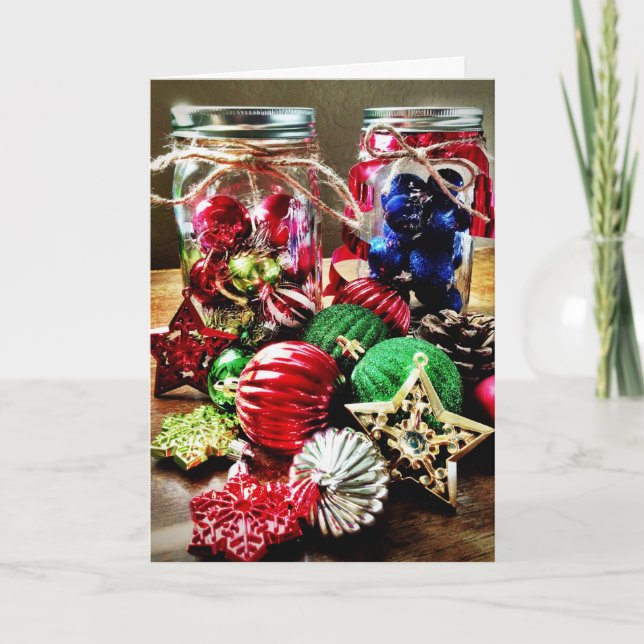 Cartão De Festividades Ornaments in Mason Jars Rustic Christmas Cards (Frente)