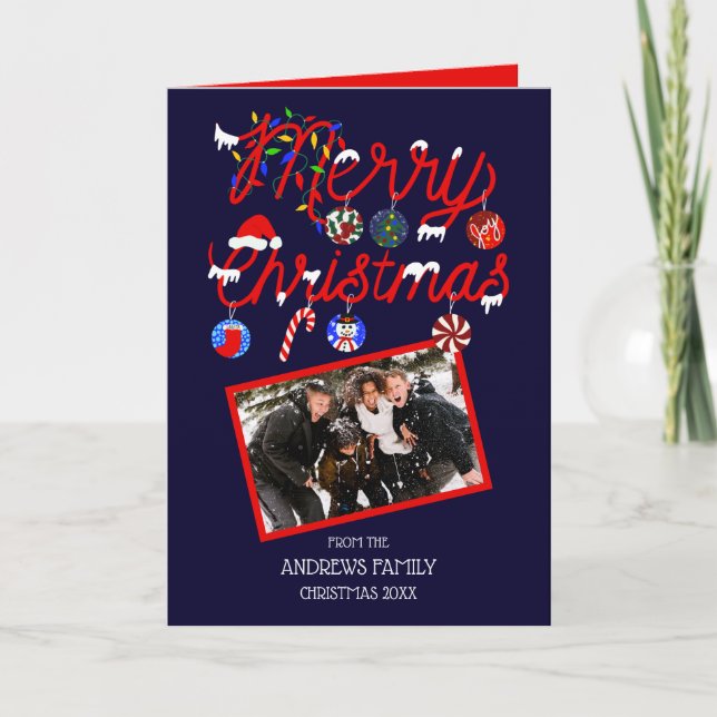 Cartão De Festividades Ornaments Lights Snowy Merry Photo Christmas (Frente)