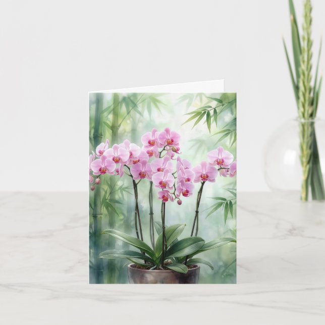 Cartão De Festividades Orquídeas Rosa Com Árvores de Bambu (Frente)