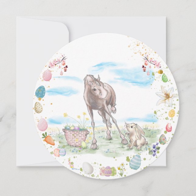 Cartão De Festividades Oster Karte mit Pferd und Osterhase, Grusskarte (Frente)