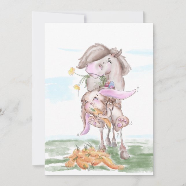 Cartão De Festividades Osterkarte mit süssem Hasen und Pferd (Frente)