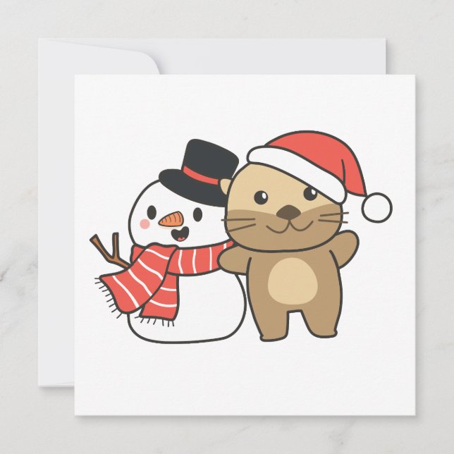 Cartão De Festividades Otter Com Snowman No Inverno Para Férias De Natal (Frente)