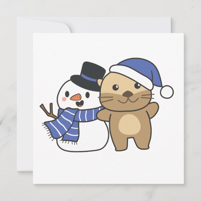 Cartão De Festividades Otter Com Snowman No Inverno Para O Natal (Frente)