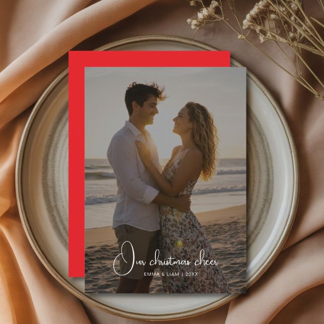 Cartão De Festividades Our Christmas Cheer Couple Photo  Holiday Card (Criador carregado)