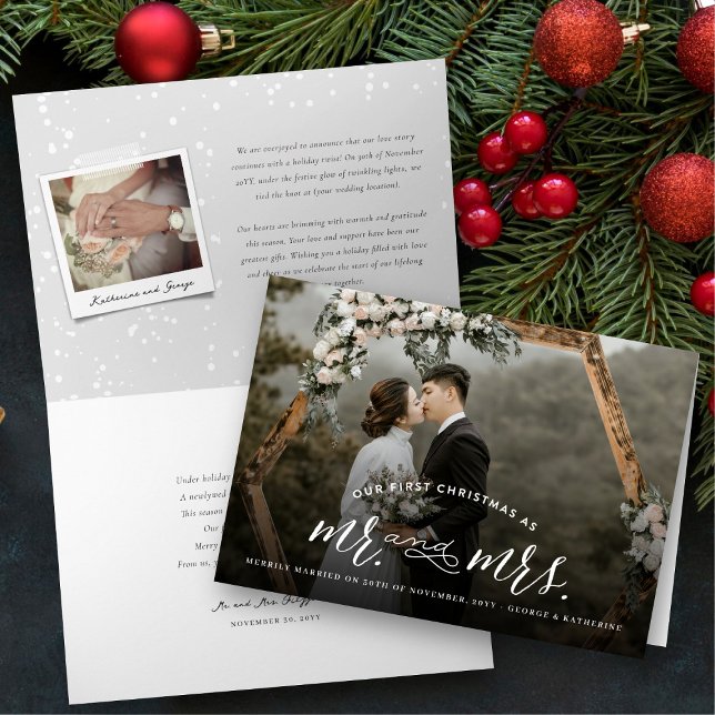 Cartão De Festividades Our First Christmas As Mr And Mrs Photo Wedding (Our First Christmas As Mr And Mrs Modern Typography Photo Wedding Holiday Folded Card by fat*fa*tin)