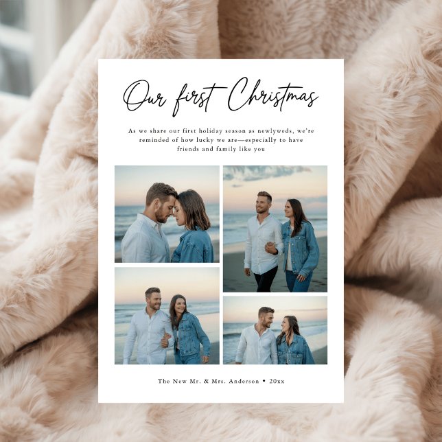 Cartão De Festividades Our First Christmas Script Coastal Photo Newlywed (Criador carregado)