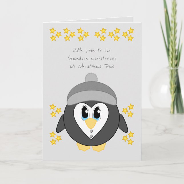 Cartão De Festividades Our Grandson at Christmas cute penguin grey (Frente)