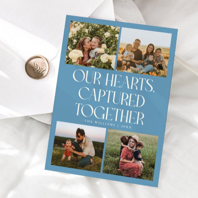 Cartão De Festividades Our Hearts Denim Blue Multi Photo Valentines Day  (Criador carregado)