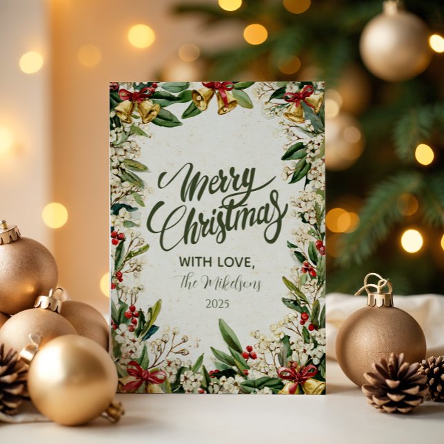 Cartão De Festividades Ouro Bells Holly Christmas (Criador carregado)