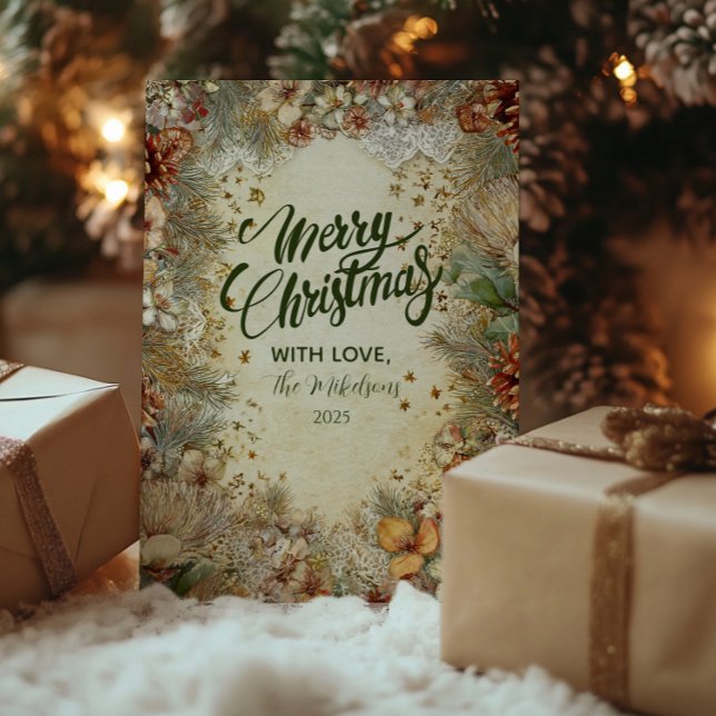 Cartão De Festividades Ouro de Natal Pine Greenery (Criador carregado)