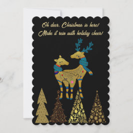 Cartão De Festividades Ouro de natal Reindeer Casal Pinheiros Pretos