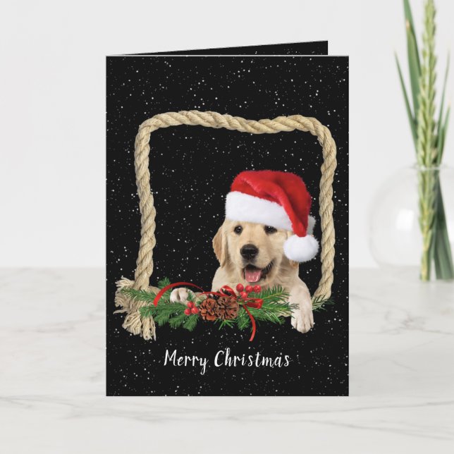 Cartão De Festividades Ouro de Natal - Retriever no quadro da corda (Frente)