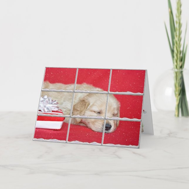 Cartão De Festividades Ouro de Natal Retriever Puppy na janela de neve (Frente)