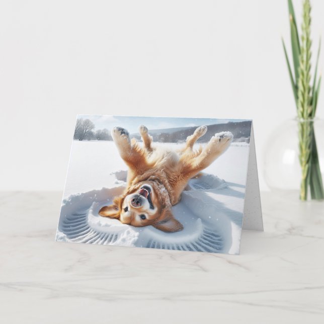 Cartão De Festividades Ouro de Natal - Retriever Snow Angel (Frente)