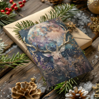 Cartão De Festividades Ouro de solstício de inverno, Bênção Yule, Stag e