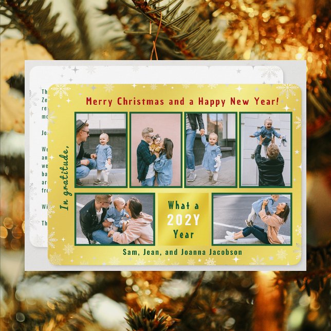 Cartão De Festividades ouro Elegante Cute de Colagem de 6 Fotos Personali (Merry Christmas Happy New Year, In Gratitude, Golden Modern Cute 6 Photos Collage What a Year Letter)
