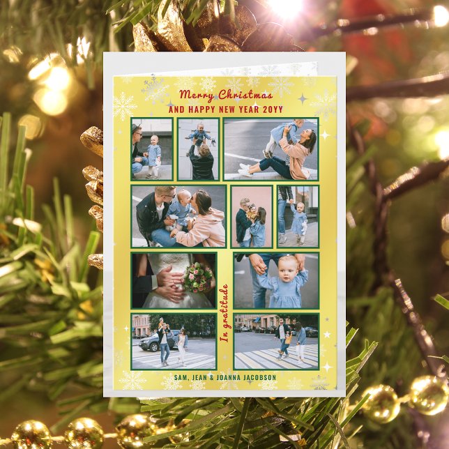 Cartão De Festividades ouro elegante de colagem de 10 fotos personalizado (Merry Christmas Happy New Year, In Gratitude Golden Modern Cute 10 Photos Collage What a Year Letter)