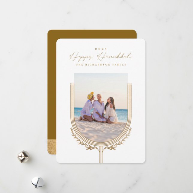 Cartão De Festividades Ouro Elegante Hanukkah Menorah Arch Fotográfico Fe (Frente/Verso In Situ)