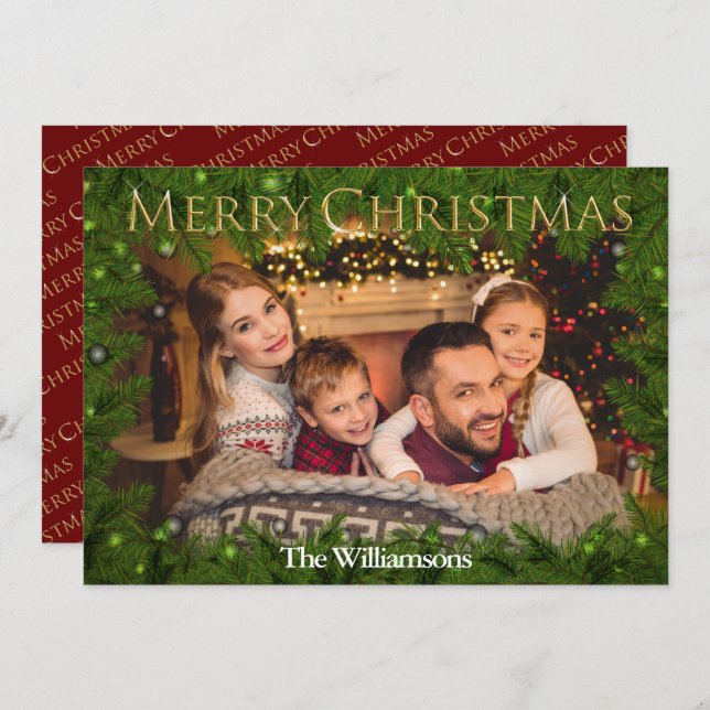 Cartão De Festividades Ouro Feliz Natal Entre Foto Do Pine (Frente/Verso)