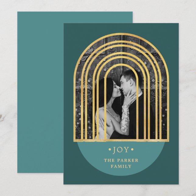 Cartão De Festividades Ouro | Foto de Natal Verde Profundo (Frente/Verso)