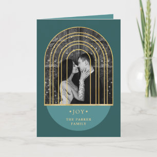 Cartão De Festividades Ouro Foto de Natal Verde Profundo