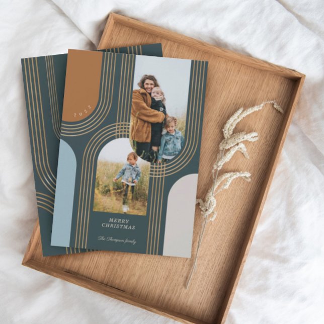 Cartão De Festividades Ouro Geométrico Concentrado Moderno Arcos 2 Fotogr (Criador carregado)