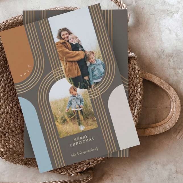 Cartão De Festividades Ouro Geométrico Concentrado Moderno Arcos 2 Fotogr (Criador carregado)