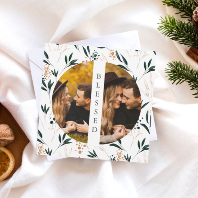 Cartão De Festividades Ouro Greenery abençoou duas fotos (Criador carregado)