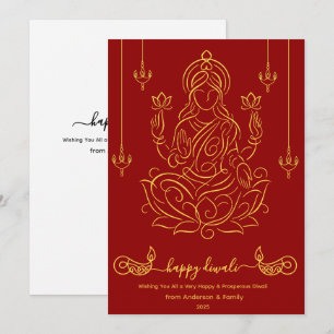 Cartão De Festividades Ouro Line Art of Goddese Lakshmi on Lotus