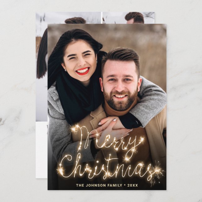 Cartão De Festividades Ouro Moderno Natal 4 FOTO Saudação (Frente/Verso)