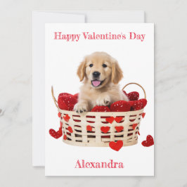 Cartão De Festividades Ouro Personalizado Retriever Puppy Red Hearts Namo
