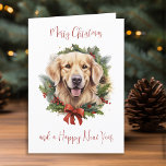 Cartão De Festividades Ouro Retriever Cão Festivo Personalizado<br><div class="desc">Procurando uma maneira festiva de enviar seus cartões de natal este ano? Não olhe mais do que nossos cartões de Natal do Retriever Ouro! Estas cartas apresentam um adorável Ouro vovô, rodeado por uma coroa de santo e bagas com um arco festivo. O design de aquarela adiciona um toque de...</div>