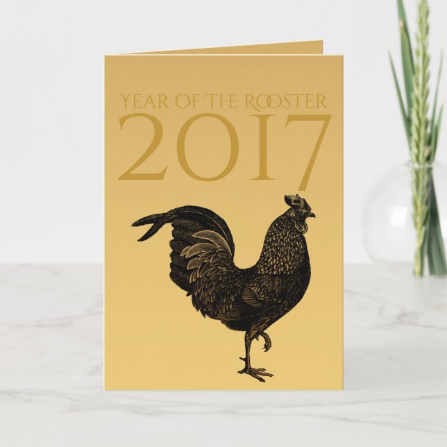 Cartão De Festividades Ouro Rustic Rooster Ano 2017 Monograma dentro (Frente)