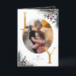 Cartão De Festividades Ouro Rustic Winter Boughs Joy 5 Foto<br><div class="desc">Corante-d-água da floresta de inverno ramos e bagas,  letras falsas de folha de ouro,  cartão de férias dobrado com fotos da família 5.</div>