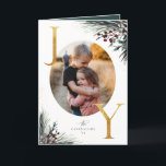 Cartão De Festividades Ouro Rustic Winter Boughs Joy 5 Foto<br><div class="desc">Corante-d-água da floresta de inverno ramos e bagas,  letras falsas de folha de ouro,  cartão de férias dobrado com fotos da família 5.</div>