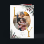 Cartão De Festividades Ouro Rustic Winter Boughs Joy 5 Foto<br><div class="desc">Corante-d-água da floresta de inverno ramos e bagas,  letras falsas de folha de ouro,  cartão de férias dobrado com fotos da família 5.</div>