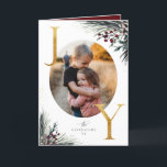 Cartão De Festividades Ouro Rustic Winter Boughs Joy 5 Foto<br><div class="desc">Corante-d-água da floresta de inverno ramos e bagas,  letras falsas de folha de ouro,  cartão de férias dobrado com fotos da família 5.</div>