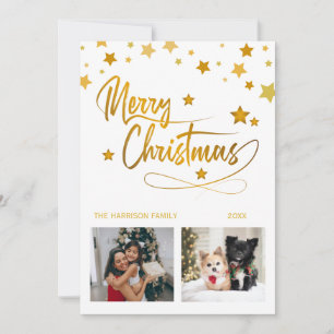 Cartão De Festividades Ouro Stars Natal Caligrafia Duas Fotografias