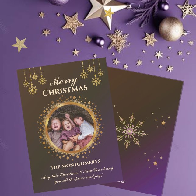 Cartão De Festividades Ouro Stars & Snowflakes Foto Natal (Criador carregado)