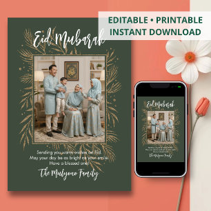 Cartão De Festividades Ouro Verde Brilho Botânico Foto Eid Mubarak