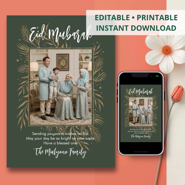 Cartão De Festividades Ouro Verde Brilho Botânico Foto Eid Mubarak (Criador carregado)