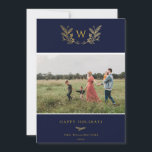 Cartão De Festividades Ouro Winter Sprigs Monograma Foto Azul<br><div class="desc">Ouro Sprigs Monograma de inverno,  cartão com fotos de férias em azul festivo. A placa tem suporte de padrão correspondente e várias linhas de modelo para a sua saudação personalizada.</div>