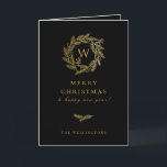 Cartão De Festividades Ouro Winter Wreath Black<br><div class="desc">Ouro elegante monograma da coroa de inverno,  cartões de natal em preto clássico. A placa apresenta dentro de padrão e várias linhas de modelo para a sua saudação personalizada.</div>