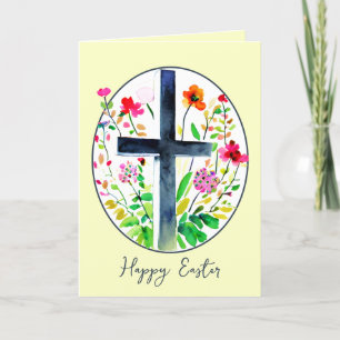 Cartão De Festividades Oval cruz aquarela e flores Páscoa personalizada