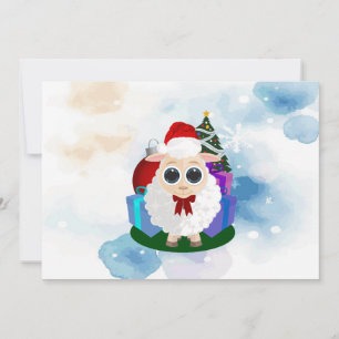 Cartão De Festividades Ovelha de Natal Fofo Aquarela Floco de Neve Invern