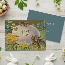 Cartão De Festividades Ovo De Felz pascoa Vintage Com Coelhinhos Personal