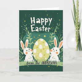 Cartão De Festividades Ovo de Páscoa e dois coelhos verdes