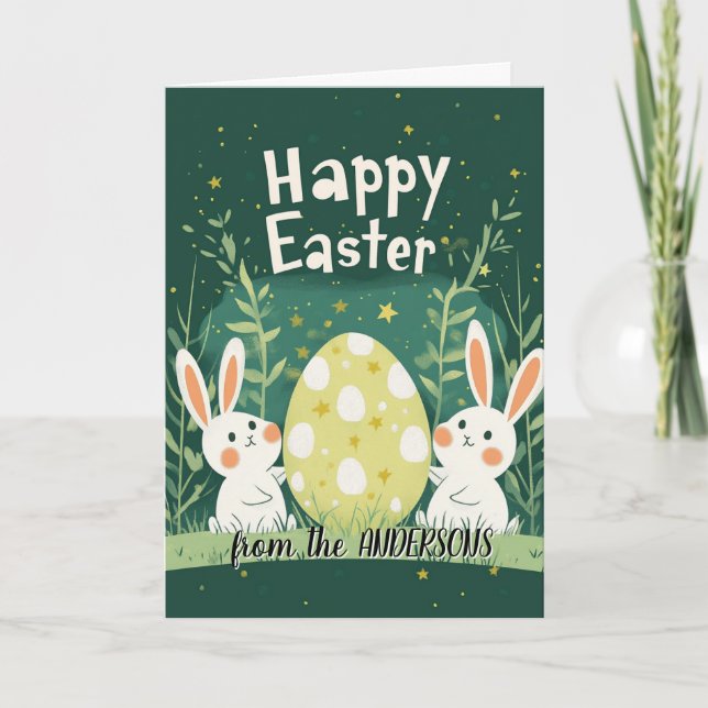 Cartão De Festividades Ovo de Páscoa grande e dois coelhos verdes (Frente)