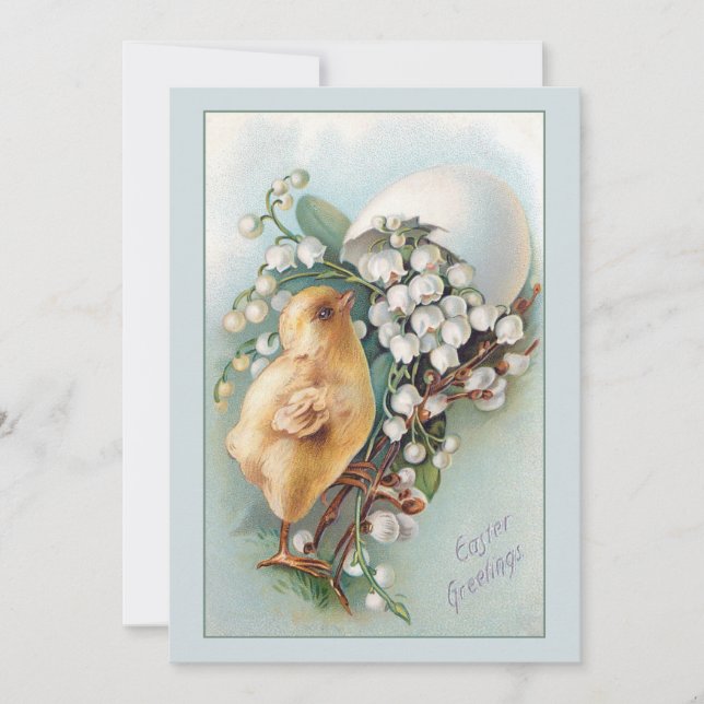 Cartão De Festividades Ovo de Páscoa, Pintinho e Lily do Vale (Frente)